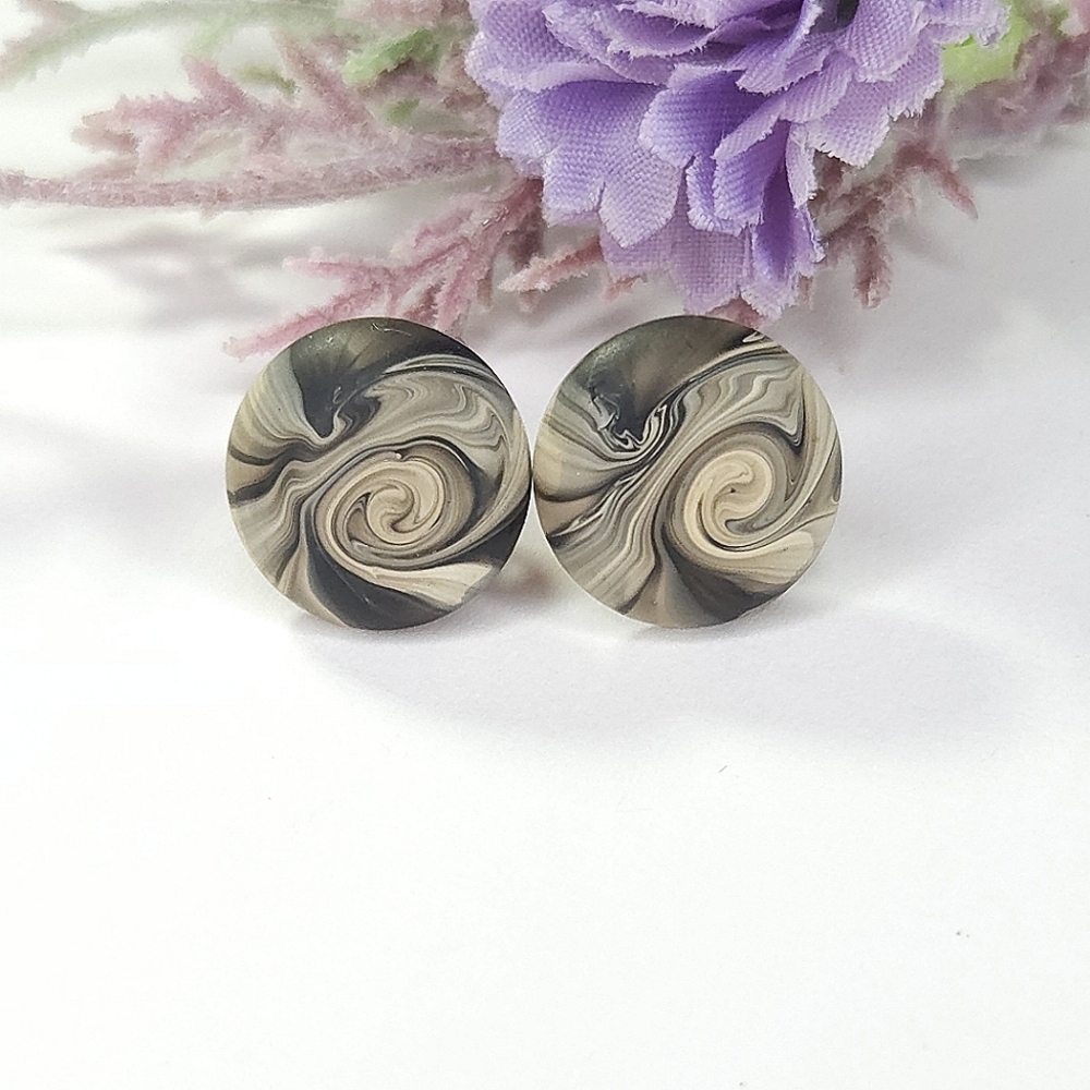 White Silver & Black Swirl Resin Gold Plated Post Earrings - Picture 1 of 9